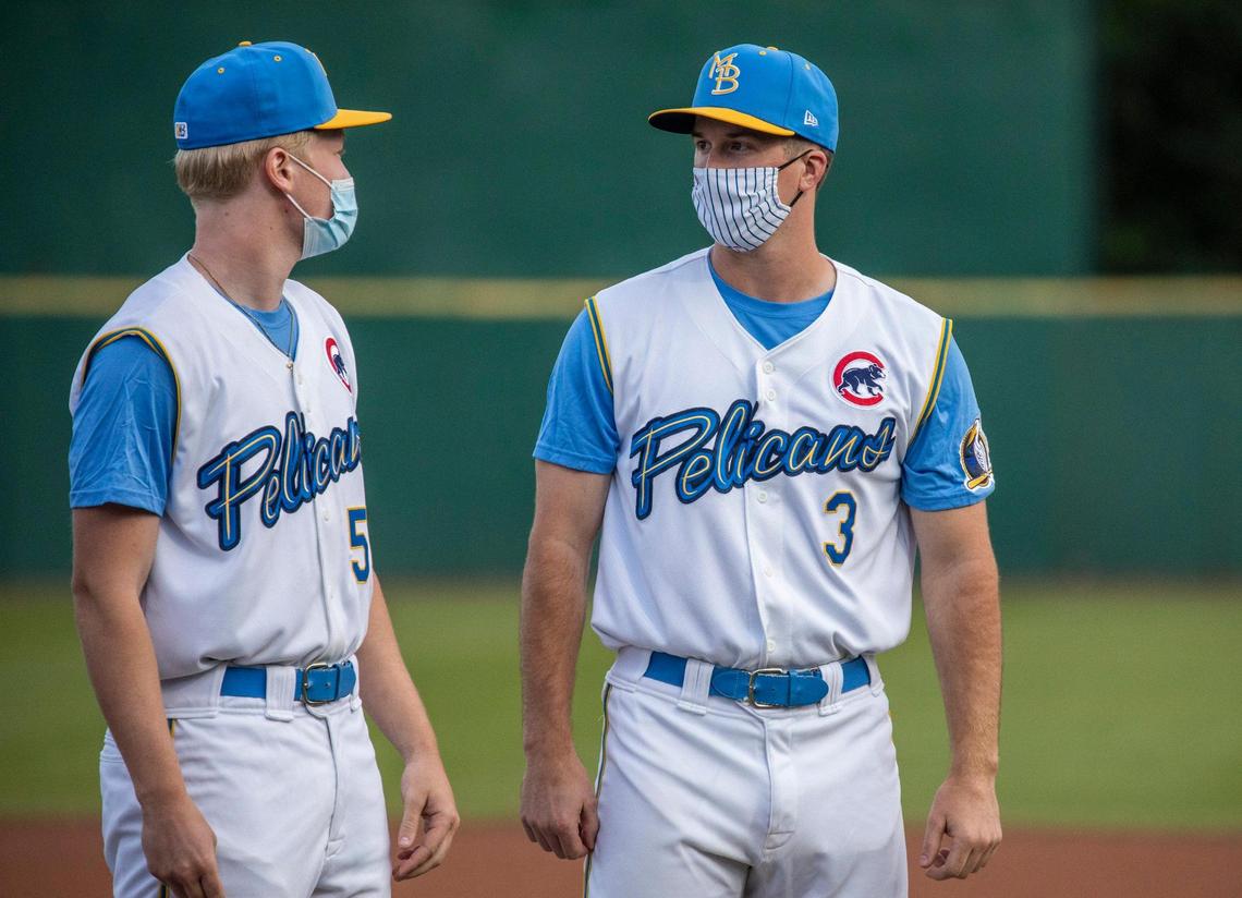 Pelican’s pitcher Scott Kobos (right) talks with Luis Verdugo prior to the start of the home opener. The Myrtle Beach Pelicans played their first home game of the 2021 season Tuesday night against the Augusta Green Jackets. The Chicago Cubs Low Class A affiliate did not play in 2020 because of the coronavirus.. May 11, 2021.