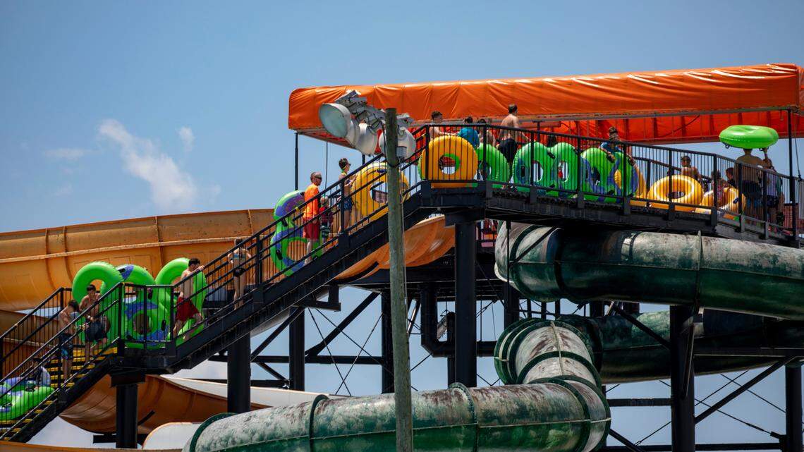 At Wild Water and Wheels in Surfside Beach, tourists wait to plunge down one of the many waterslides on July 5, 2022. The park has been open for 32 years, but ownership has submitted a rezoning request to turn the property into a mix of residential and commercial buildings.