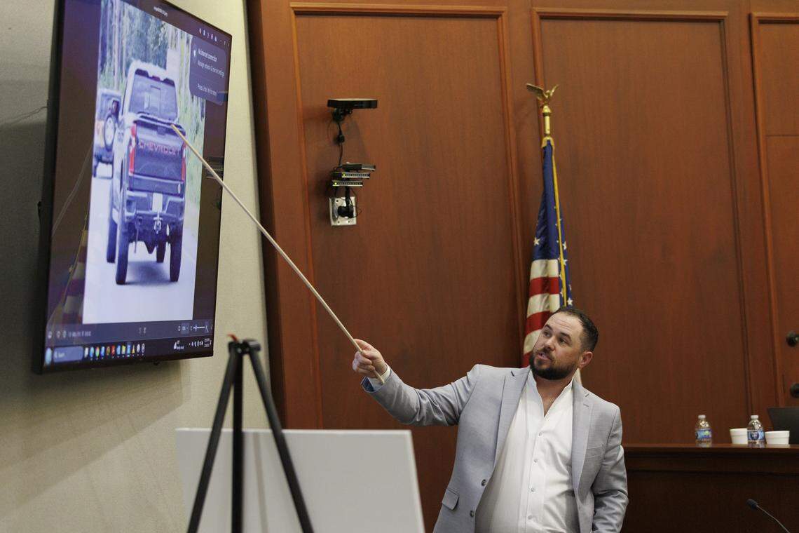 Weldon Boyd points out images he made of Scott Spivey’s truck during an altercation on Highway 9 that proceeded Spivey’s shooting death. Boyd is testifying on day three of a Stand Your Ground hearing. The hearing is being held for Weldon Boyd, owner of Buoys on the Boulevard, and Kenneth “Bradley” Williams in the shooting death of Scott Spivey. Boyd and Williams have been named in a wrongful death lawsuit by the Spivey family in his shooting death nearly three years ago. The hearing will determine if the pair are granted immunity under South Carolina’s Stand Your Ground law. Feb. 19, 2026.