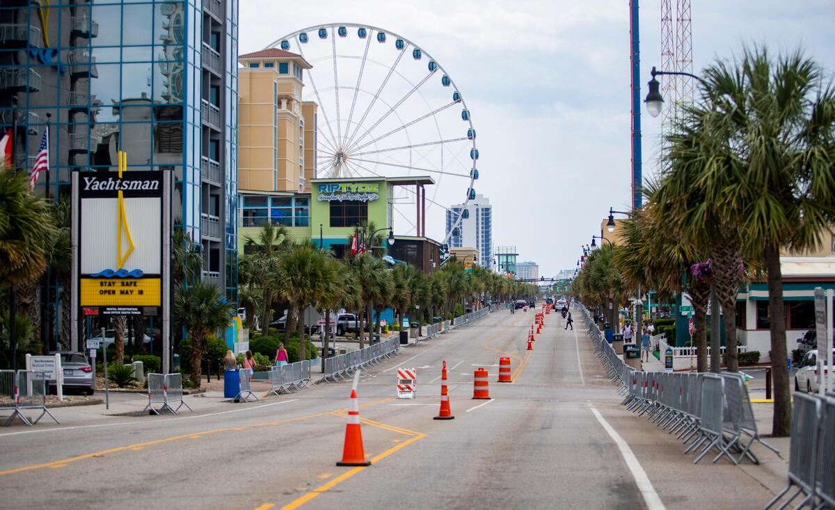 A view of Ocean Boulevard in downtown Myrtle Beach Friday afternoon. Memorial Day weekend started off slow in Myrtle Beach as tourists trickled in. The crowds were significantly reduced with Black Bike Week canceled. City officials still expect a 75 to 100% occupancy rate.