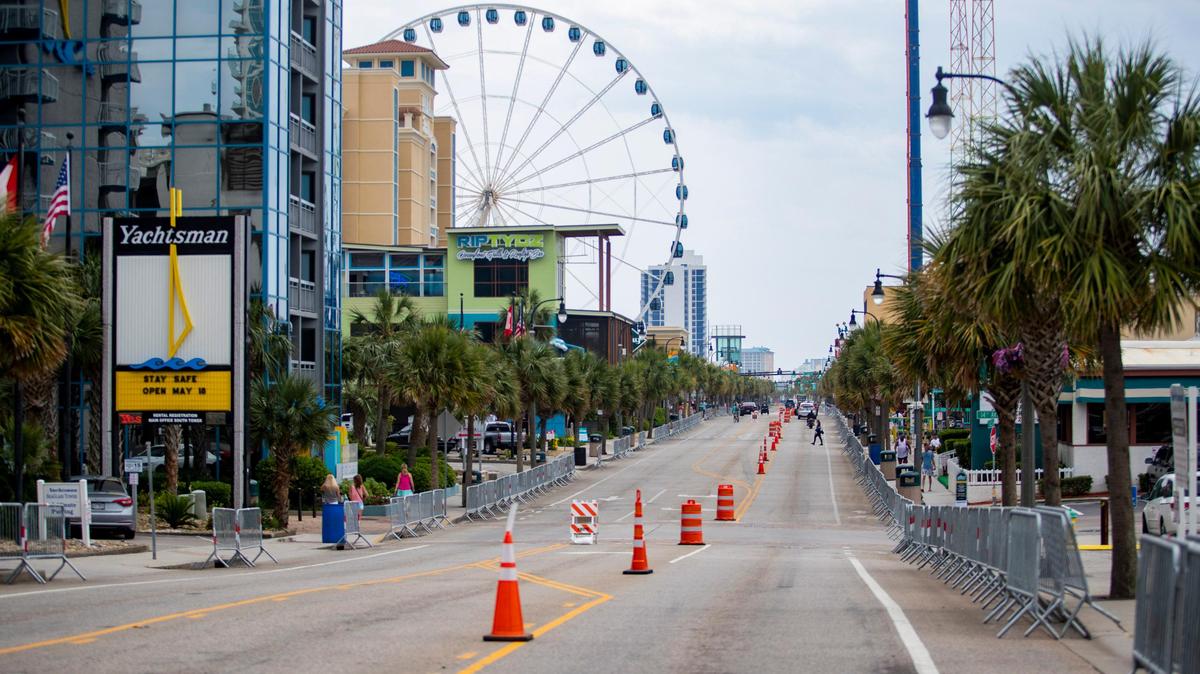 A view of Ocean Boulevard in downtown Myrtle Beach Friday afternoon. Memorial Day weekend started off slow in Myrtle Beach as tourists trickled in. The crowds were significantly reduced with Black Bike Week canceled. City officials still expect a 75 to 100% occupancy rate.