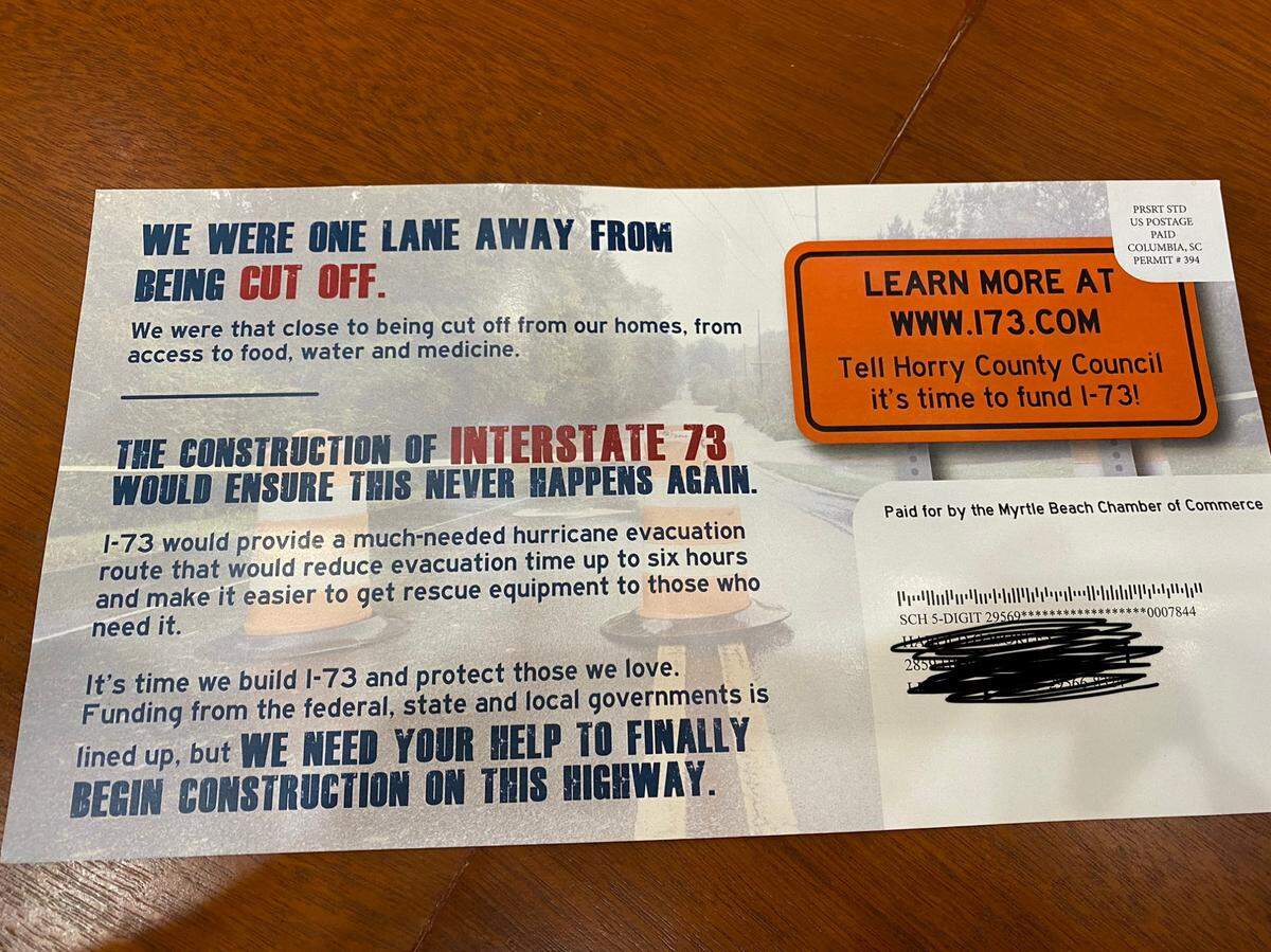 The backside of a political mailer sent by the “Myrtle Beach Chamber of Commerce” that angered Horry County Council members.