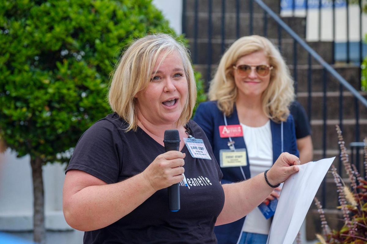 Jeanette Spurlock speaks in front of the Conway City Hall in protest of mask mandates as Barbara Arthur listens in the background. Both women are congressional candidates for S.C. 7th District. About 40 protesters gathered outside Conway City Hall on Tuesday, Sept. 7 to demonstrate against face covering and vaccine mandates in Conway and elsewhere around Horry County. Conway currently requires face masks in city-owned buildings but not in private businesses. Aug. 11, 2021.