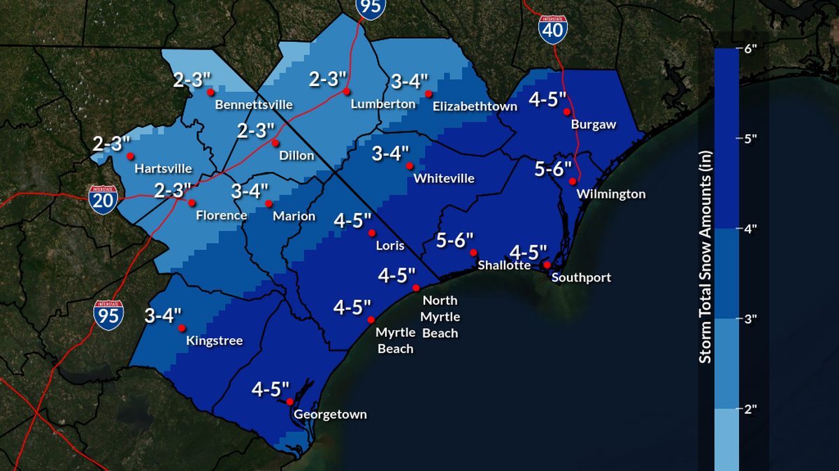 The National Weather Service predicts that the Myrtle Beach area will see 4 to 5 inches of snow and sleet, starting Tuesday afternoon.