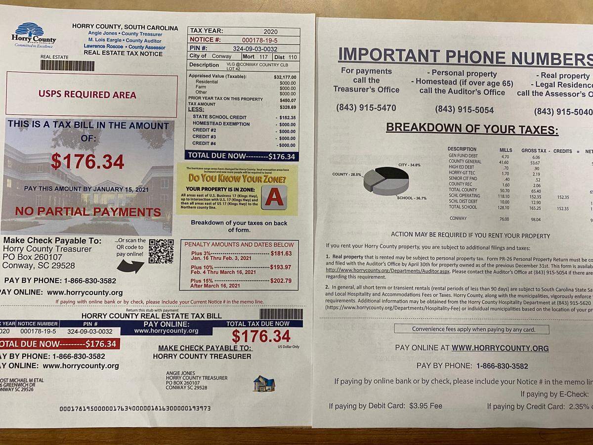 A sample of the redesigned Horry County tax notices. Officials said they cut down on the clutter and used bold colors to better inform taxpayers about what they owe. 