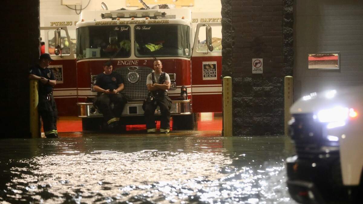 Section of Sea Mountain Highway in North Myrtle Beach, SC was flooded Wednesday evening due to a combination of King Tides and storm surge of Tropical Storm Idalia.