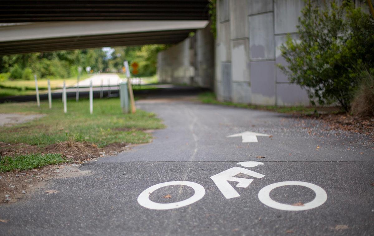A bike path running underneath Robert Grisso Parkway at the entrance to the Horry County Carolina Forest Bike & Run Park in Myrtle Beach.