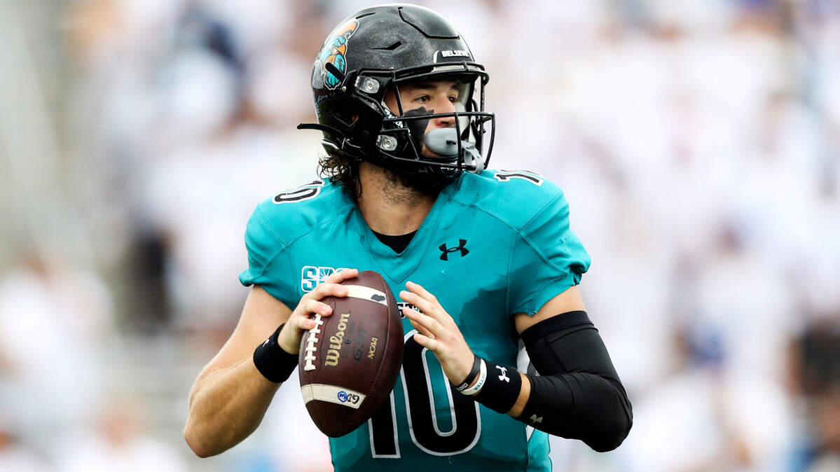 Coastal Carolina quarterback Grayson McCall (10) looks to pass during the first half of a NCAA college football game against Buffalo in Buffalo, N.Y. on Saturday, Sept. 18, 2021. (AP Photo/Joshua Bessex)