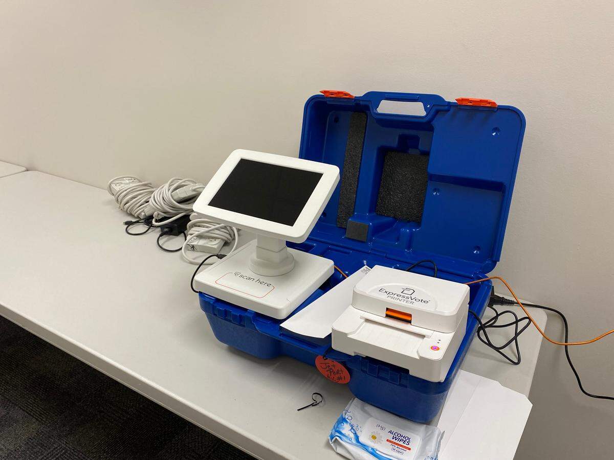 An ES&S voting machine on display in the Horry County Voter Registration & Election Complex.