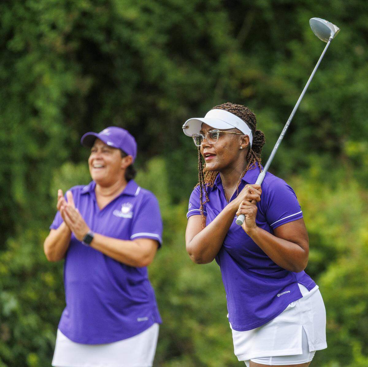 Members of the Myrtle Beach chapter of Queens on the Greens tee off for a round of afternoon play at Wild Wing Plantation in Conway, SC on August 12, 2025. The group is part of a larger organization that began in Maryland designed to offer women of color a chance to get together to play golf, learn how to play golf and socialize. The women, which range from beginners to advanced players, usually play nine holes and then go out to eat after golfing. Local chapter founder Celisse Lundy said, "There's no judgement. Just fellowship and playing golf.". Aug. 12, 2025.