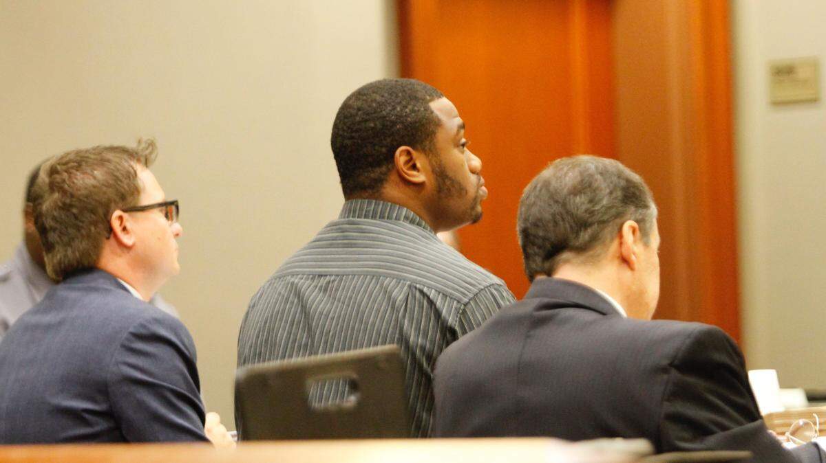 Meleke Stewart sits through pretrial motions on Tuesday, Oct. 16, 2018. Stewart was convicted of murder and other charges Thursday in the shooting death of 34-year-old Alton Daniels in June 2014.