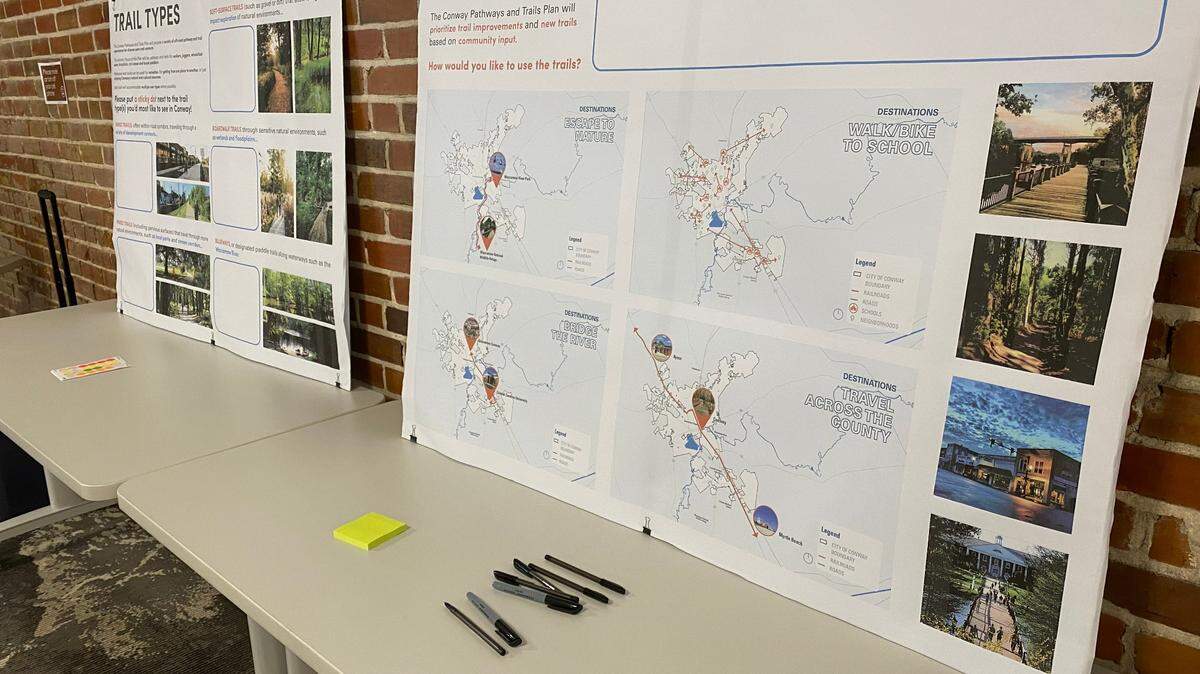 Maps and posters are displayed at a public meeting in Conway where residents were invited to give input on where the city should build new trails.
