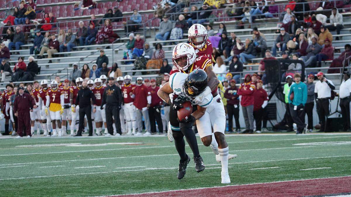 Coastal Carolina sophomore wide receiver Jaivon Heiligh catches a 16-yard touchdown pass from Fred Payton on Saturday during a 45-42 loss at Louisiana-Monroe.
