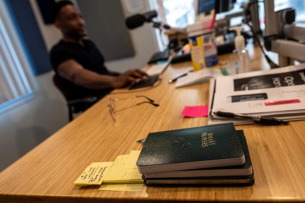 TJAY Jones, produces in his booth at Radio Baha’i. The faith based radio station has been transmitting uplifting music for almost 40 years from its Hemingway, S.C. station. In South Carolina, the Baha’i faith is the second most practiced religion after Christianity. March 8, 2023.
