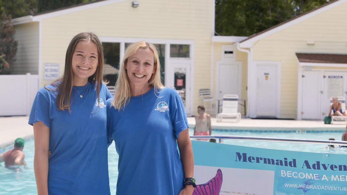 Daughter McKenna, Mom Lynn at pool