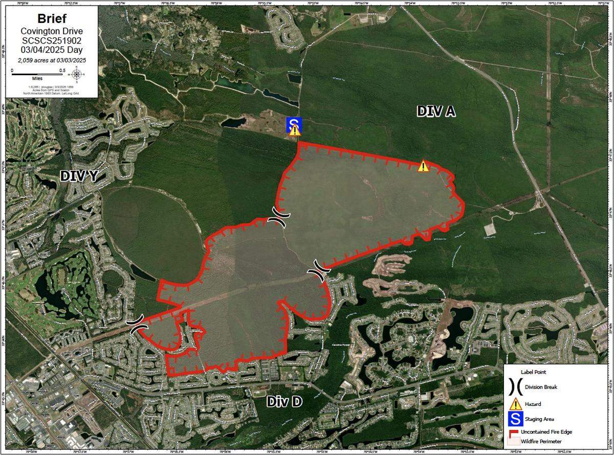 A map from the South Carolina Forestry Commission shows the wildfire on Covington Drive near Lewis Ocean Bay Preserve in Carolina Fores in the Myrtle Beach area. March 4, 2025