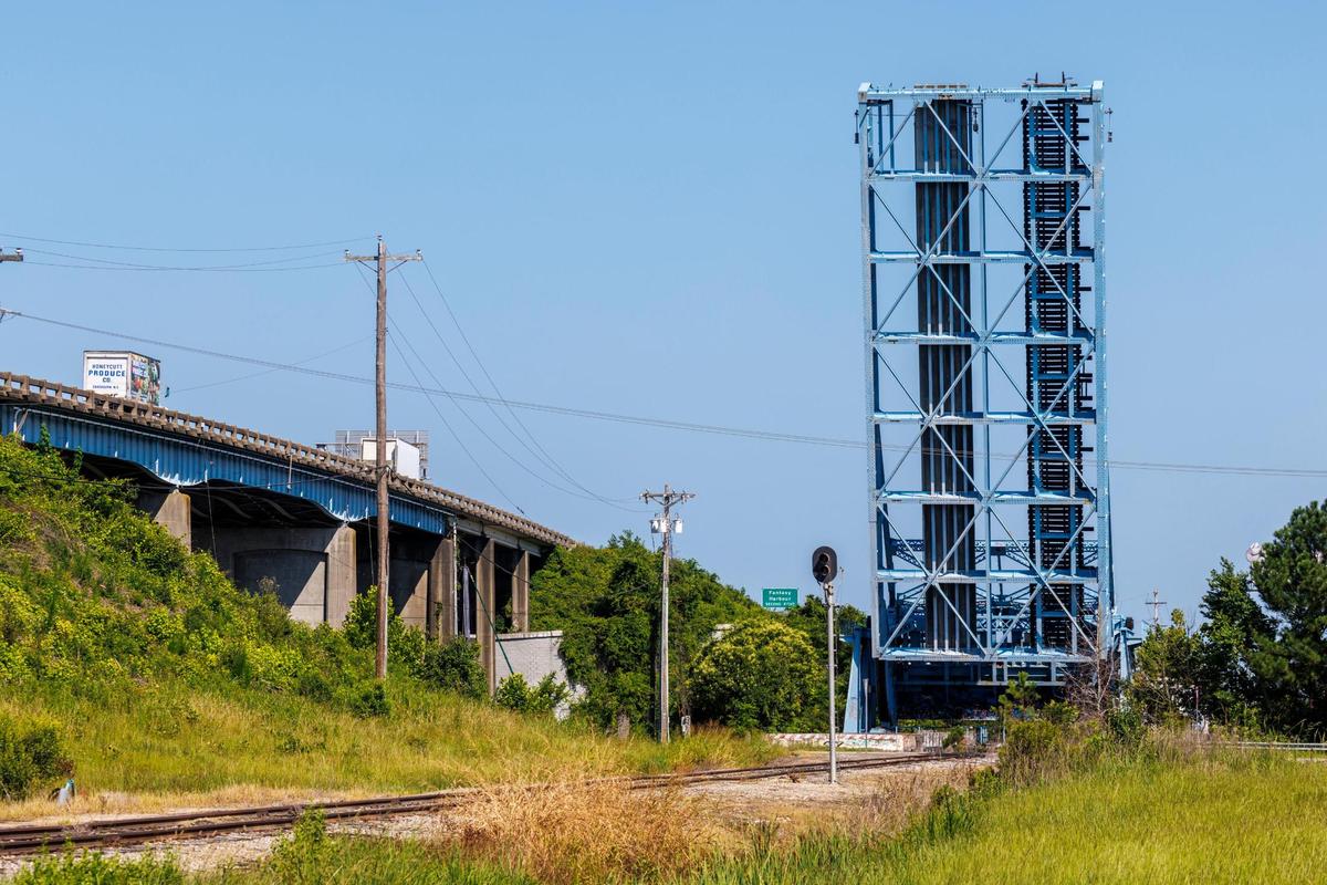 The Pine Island rail road drawbridge has remained in its upright position for decades. The blue structure towering above the Intracoastal Waterway can be seen for miles as visitors enter Myrtle Beach, SC on Highway U.S. 501. Friday. June 27, 2025.