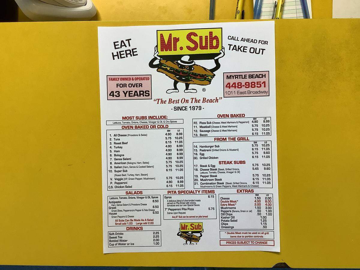 Mr. Sub on Broadway Street in Myrtle Beach is expected to close Thursday after 43 years in business.