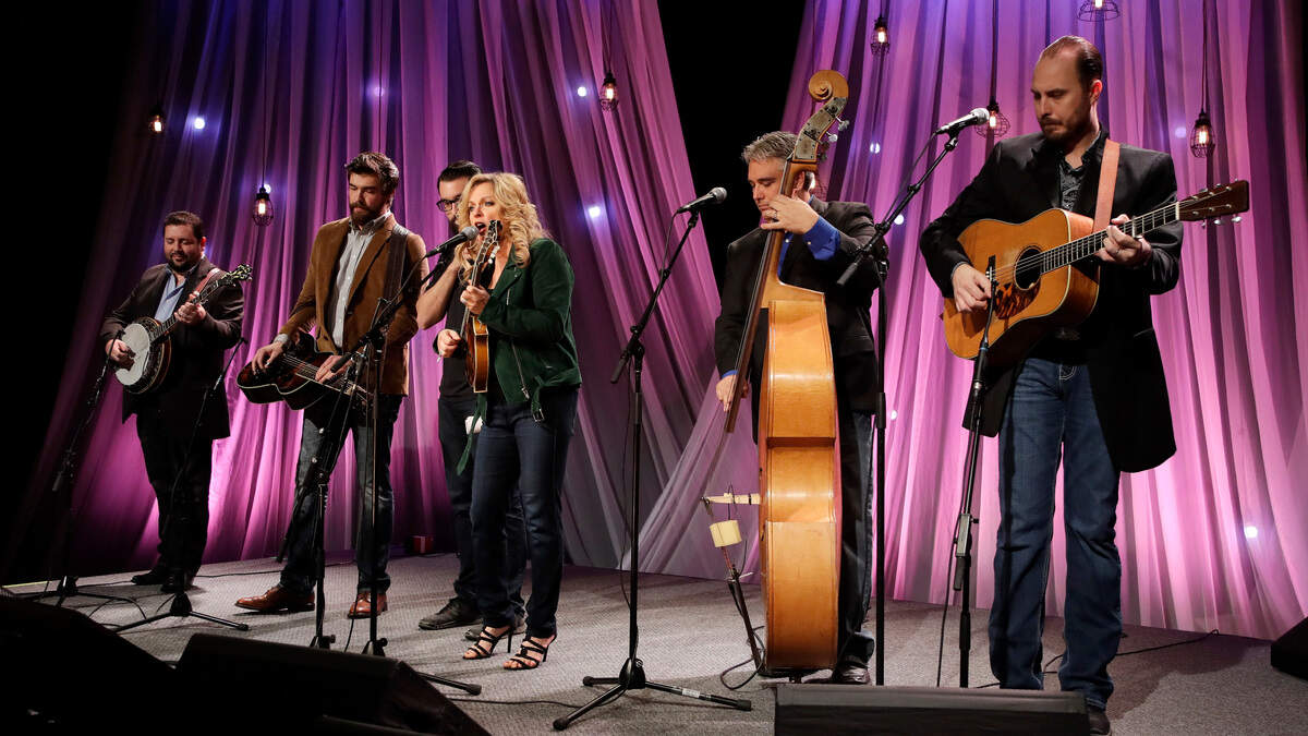 Bluegrass musician Rhonda Vincent and her band tape a song for Dolly Parton’s Smoky Mountain Rise Telethon Tuesday, Dec. 13, 2016, in Nashville, Tenn. Parton has lined up an all-star list of performers for a three-hour telethon to raise money for thousands of people whose homes were damaged or destroyed in Tennessee wildfires.