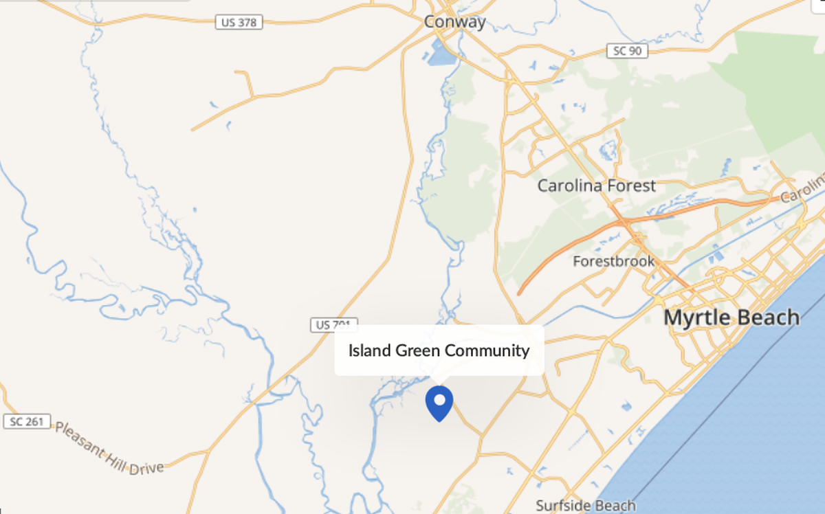 A map showing the location of the Island Green community in Burgess. More than two dozen neighborhoods comprise Island Green, which is bordered by the Waccamaw National Wildlife Refuge and Bay Road.