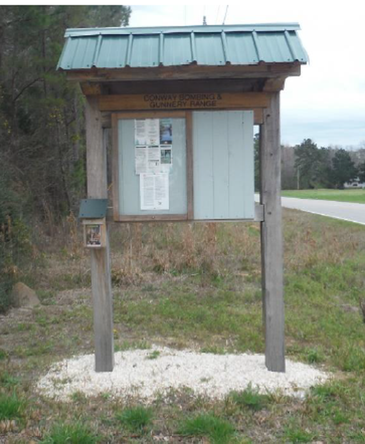 An informational kiosk placed by the U.S. Army Corps of Engineers on Long Bay Road, Longs S.C. is provides public information about the risk of unexploded ordnance in the area.
