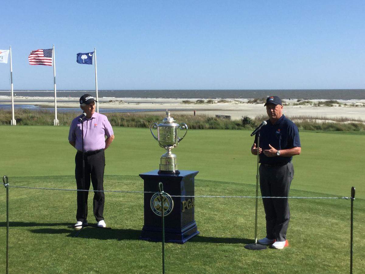 Kiawah Island Golf Resort President Roger Warren (left) and PGA of America President Jim Richerson speak to the media beside the Wanamaker Trophy at Kiawah Island’s Ocean Course on Monday. The 2021 PGA Championship will be played at the course from May 20-23. April 12, 2021