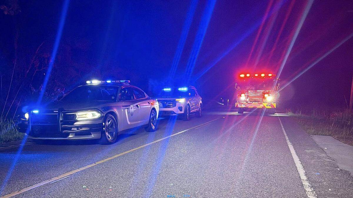 Two police cars and a fire truck can be seen on a two-lane road in the early hours of the morning.