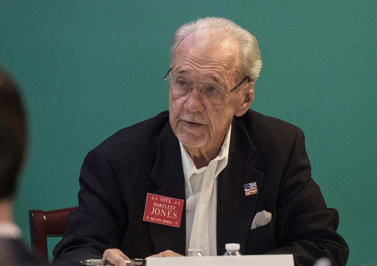 Norfleet Jones responds to questions at the Destination North Myrtle Beach City Council Candidate Forum. Oct. 13, 2021.