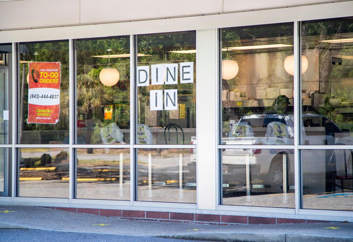 The Waffle House on Highway 17 in Myrtle Beach advertises dine-in services Monday morning. Myrtle Beach area restaurants are adjusting to the restrictions and limitations of the coronavirus pandemic now being allowed to reopen dine-in services following a mandated closure.