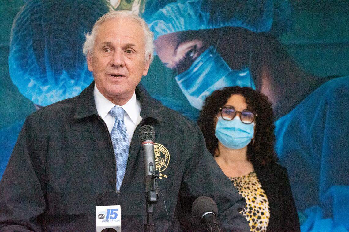 Gov. McMaster speaks at a press conference at the Myrtle Beach Convention Center mass-vaccine site with Mayor Brenda Bethune on March 2, 2021.