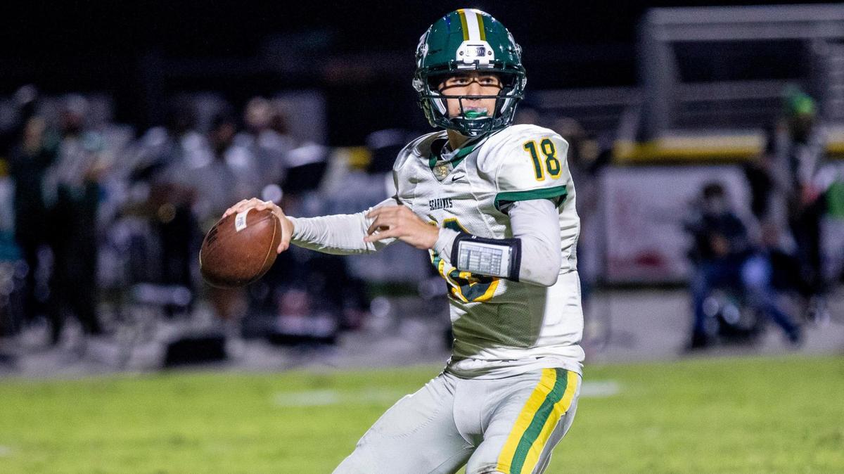 Myrtle Beach quarterback Ryan Burger looks for a receiver Friday night. North Myrtle Beach topped rival Myrtle Beach 34-6 in North Myrtle Beach on Friday night. November 6, 2020.