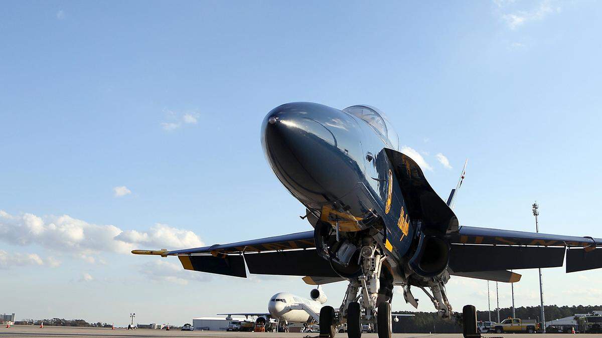 A pair of Blue Angels on the F/A-18 Hornet make a site visit to Myrtle Beach for the spring air show at the General Aviation Terminal on Tuesday, Dec. 12, 2017. The air show is slated for April 28-29, 2018.