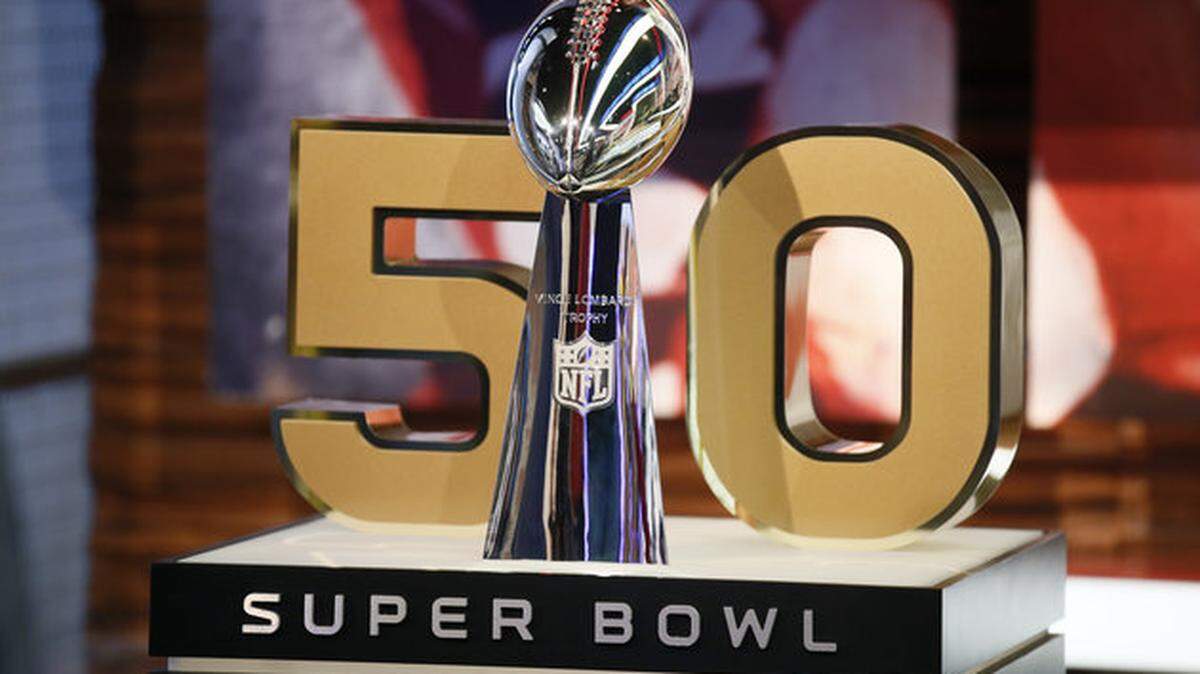 The Vince Lombardi Trophy stands n front of the No. 50, the number of the Super Bowl following the upcoming season, during a media availability at the NFL Network studios, Wednesday, Sept. 9, 2015, in Culver City, Calif. (AP Photo/Danny Moloshok)