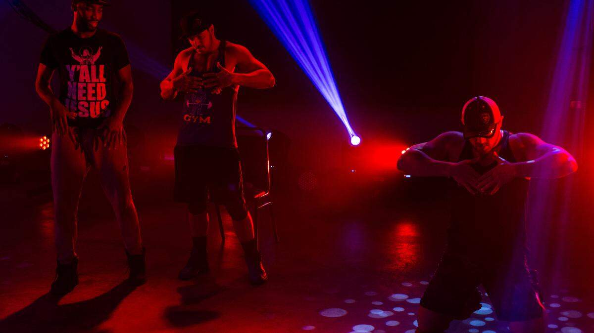 -- PHOTO MOVED IN ADVANCE AND NOT FOR USE - ONLINE OR IN PRINT - BEFORE APRIL 9, 2017. -- Members of the Magic Men Live troupe rehearse a strip tease routine, in Waterford Township, Mich., March 23, 2017. Thanks to the “Magic Mike” movie franchise, male stripping is hot again. So what if the mostly female audience finds it more funny than titillating? (Brittany Greeson/The New York Times)
