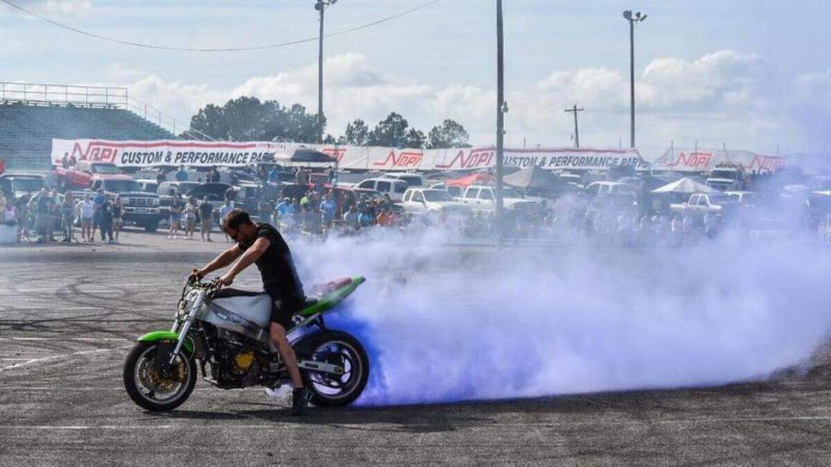A bike does a burnout during the 2015 NOPI Nationals at Myrtle Beach Speedway.