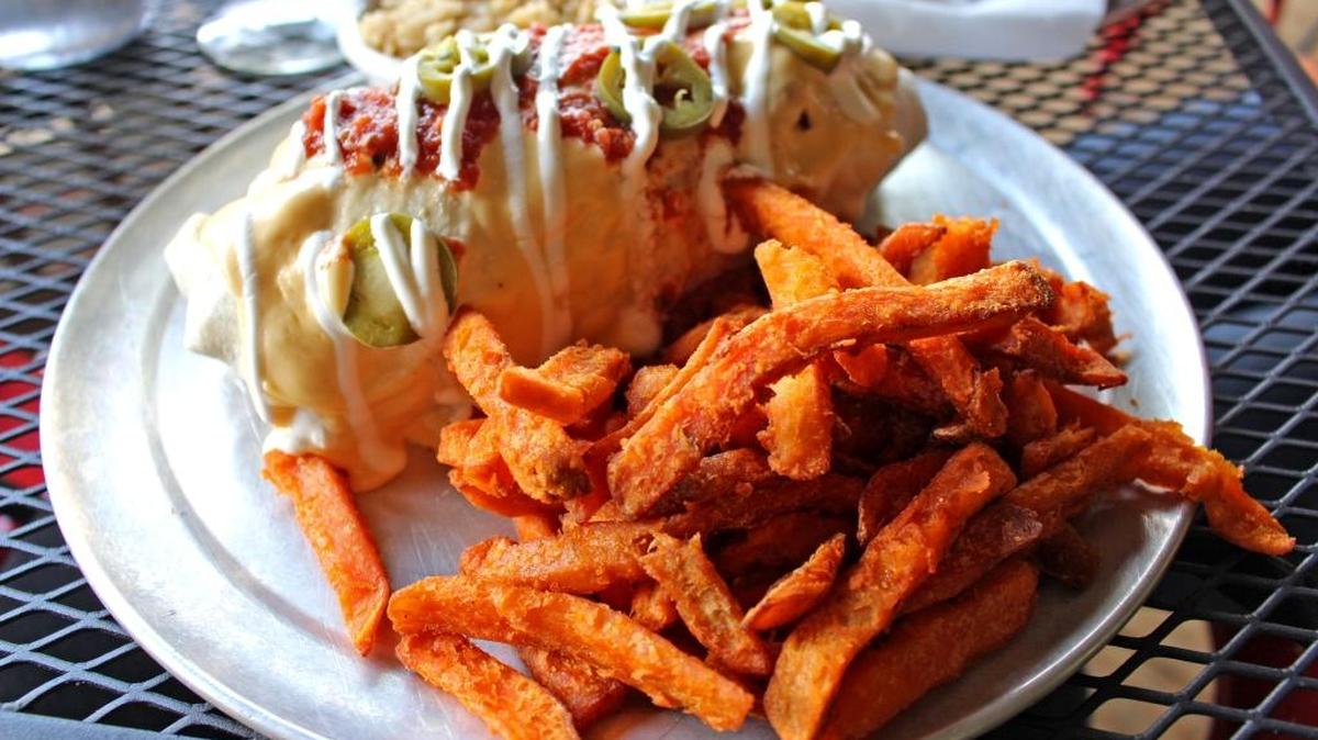 Burrito and sweet potato fries
