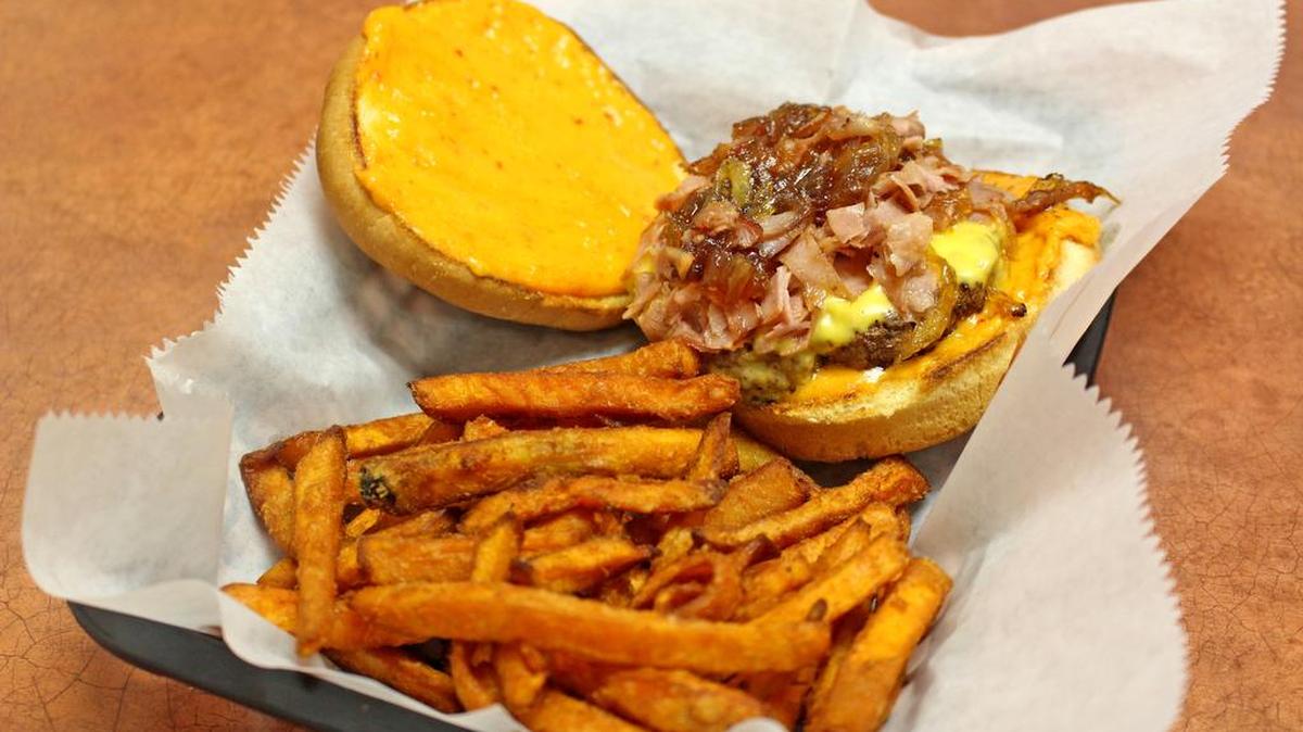 Curley’s Cafe Garret Burger and Sweet Potato Fries