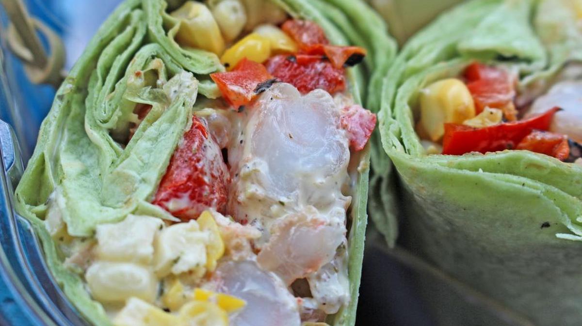 Pesto shrimp salad wrap from Fresh Greens