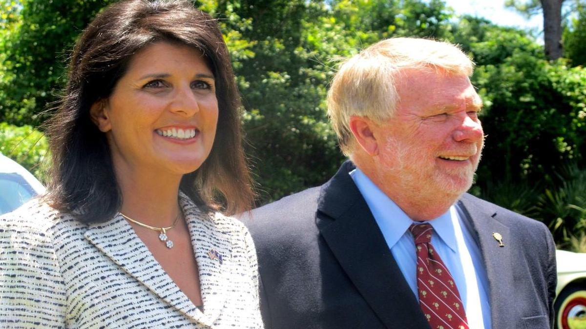 
South Carolina Gov. Nikki Haley (left) and South Carolina Commerce Secretary Bobby Hitt meet with reporters to discuss Volvo’s planned vehicle assembly plant in Charleston in May.
