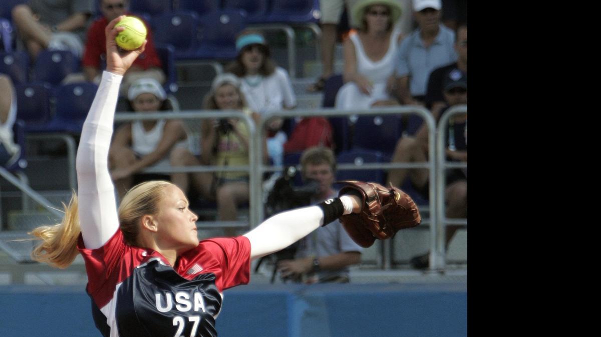 
Jennie Finch will host two fast pitch tournaments at The Ripken Experience next summer. Here, Finch throws against Canada in the first inning, Wednesday, Aug. 18, 2004, in a softball game at the 2004 Olympic Games in Athens, Greece. The United States won 7-0. (AP Photo/Al Behrman)

