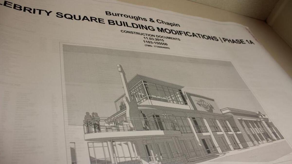 A design concept for alterations to the former Broadway Louie’s on Celebrity Square shows a new home for Hard Rock Cafe.