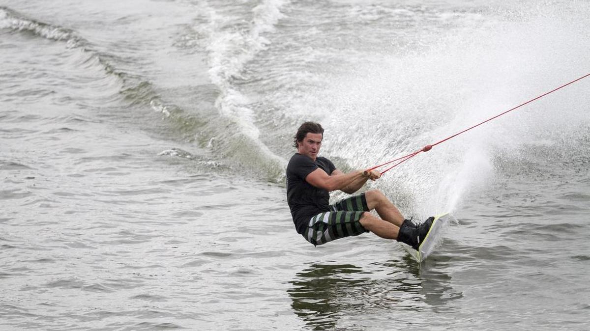 Shark Wake Park founder Greg Norman Jr. on a wakeboard at the park’s grand opening in the North Myrtle Beach Sports Complex.