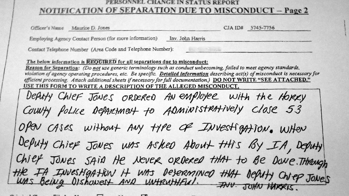 The Notice of Separation filed for former Horry County Deputy Police Chief Maurice D. Jones.
