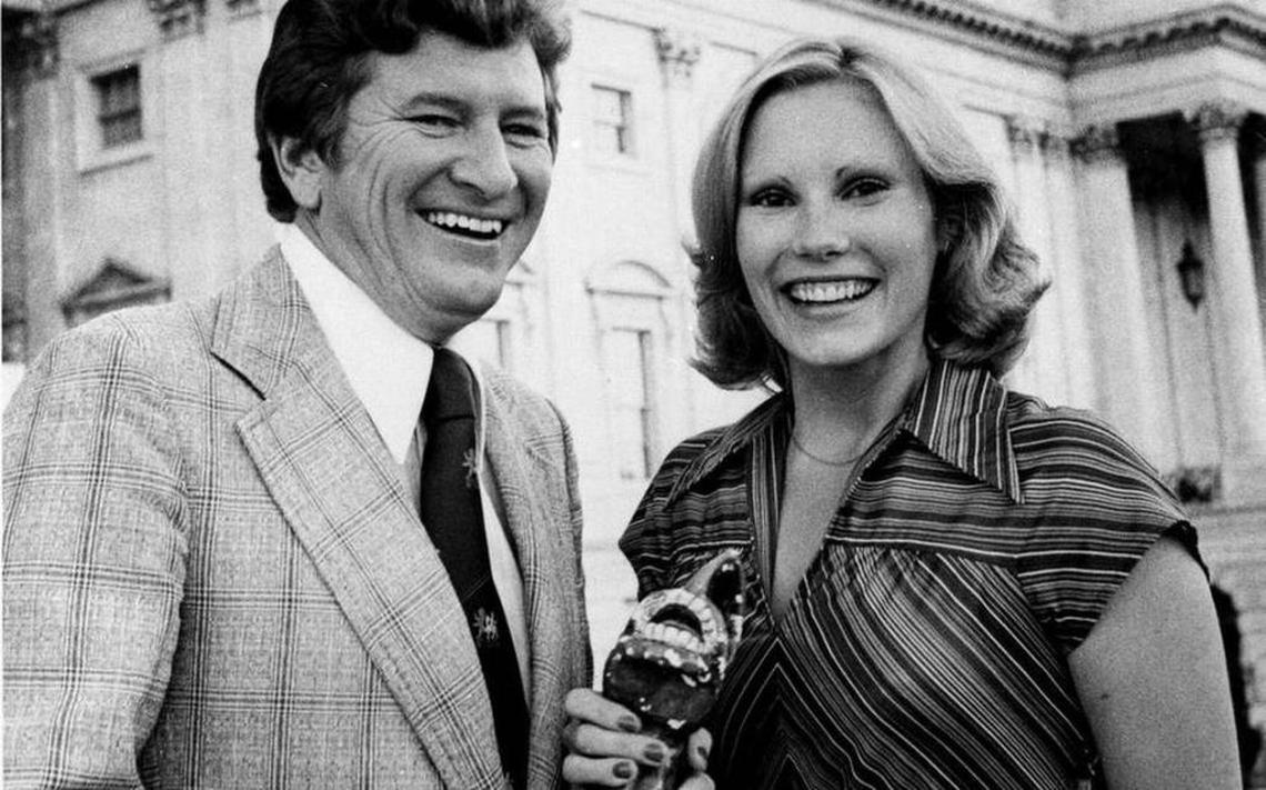 Then-Rep. John W. Jenrette Jr., D-S.C. held a glass donkey as he stood with his wife Rita outside the Capitol in Washington, D.C. in1976