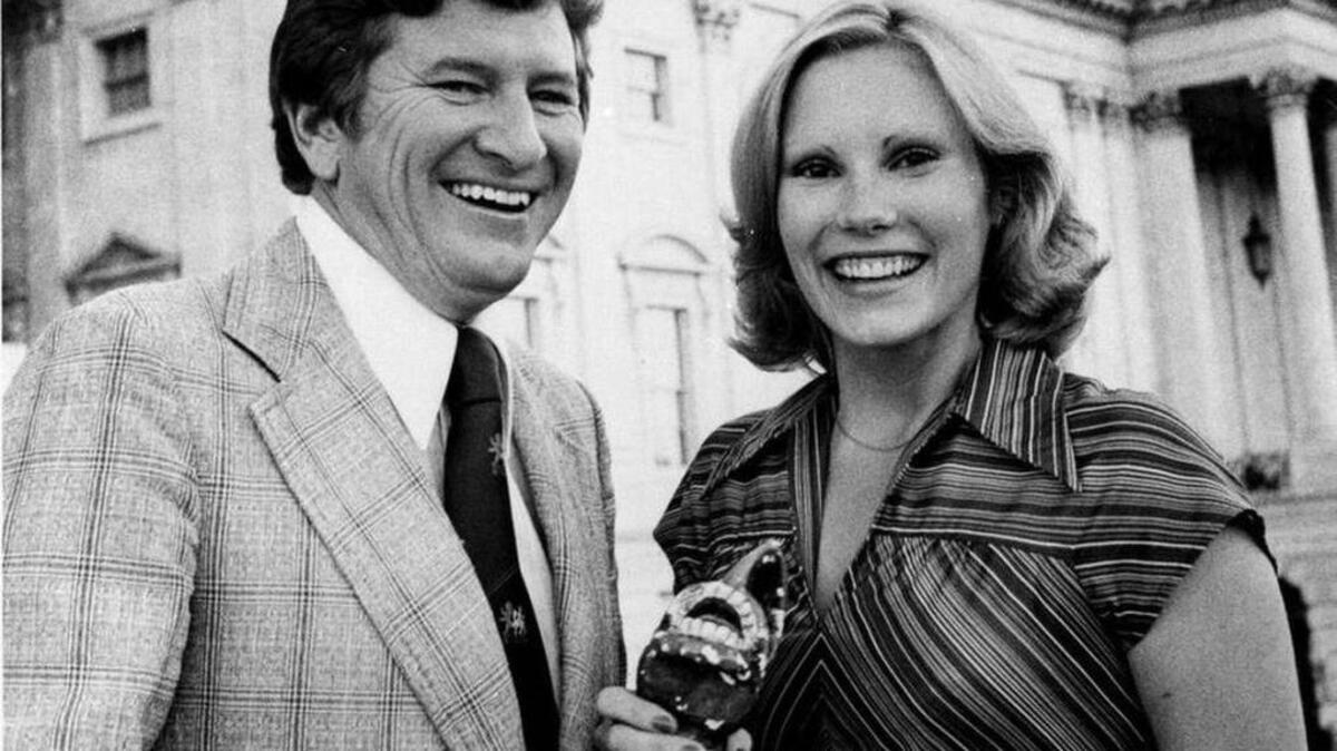 Then-Rep. John W. Jenrette Jr., D-S.C. held a glass donkey as he stood with his wife Rita outside the Capitol in Washington, D.C. in1976