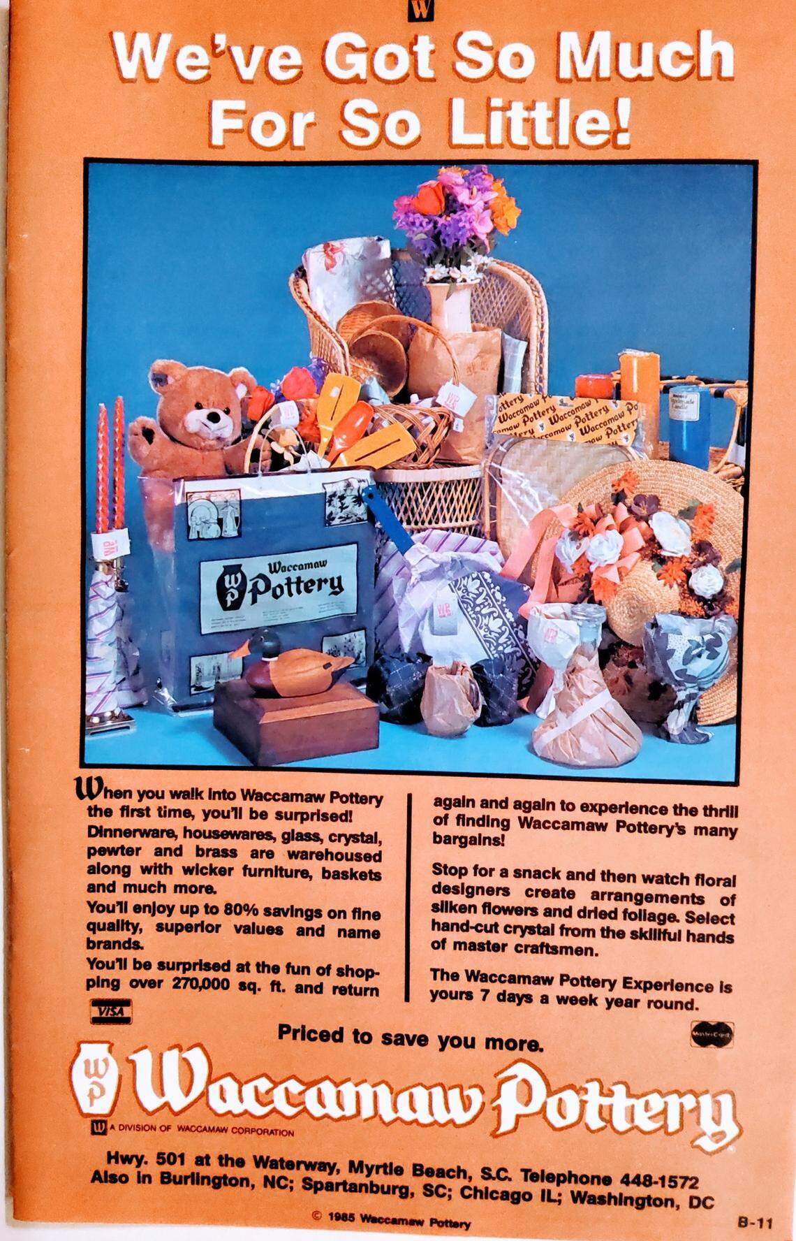 A 1985 print ad for Waccamaw Pottery boasts of the store’s flexible hours and vast offerings.