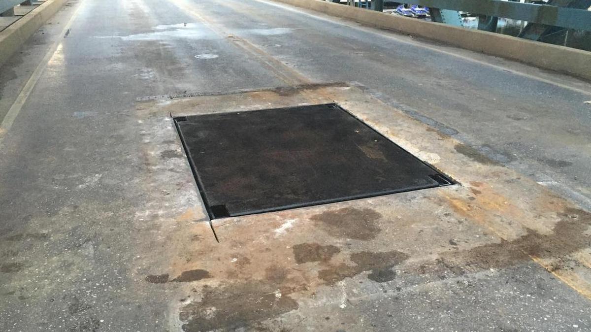 This photo shows the hatch that was installed into the bridge deck to gain access to the gearbox from the topside. This hatch is permanent and will be secured or sealed as part of the work performed on Tuesday evening, S.C.DOT officials said.