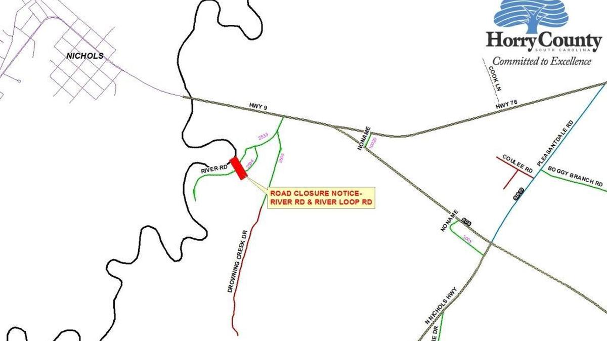 Horry County Public Works has closed River Road and River Loop Road in Nichols due to area flooding.