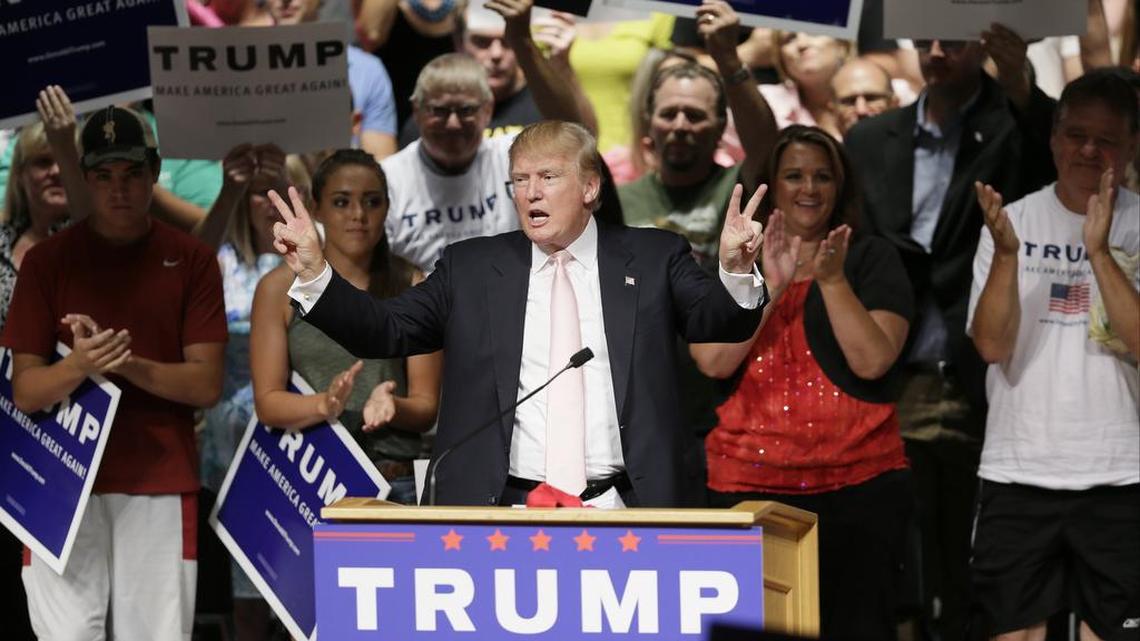 Republican presidential candidate Donald Trump speaks at a rally and picnic, Saturday, July 25, 2015, in Oskaloosa, Iowa. (AP Photo/Charlie Neibergall)