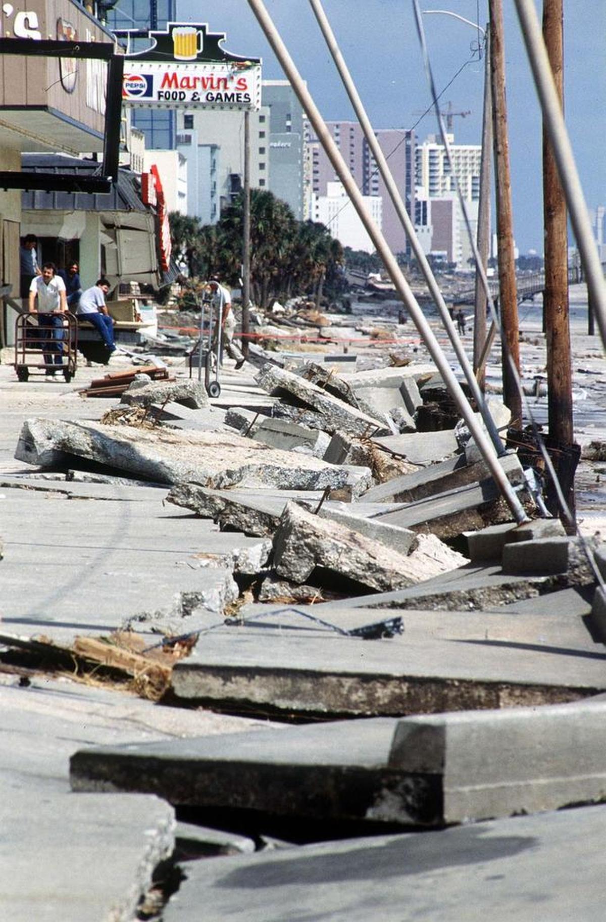 Looking north along the Myrtle Beach Pavilion boardwalk after Hurricane Hugo.